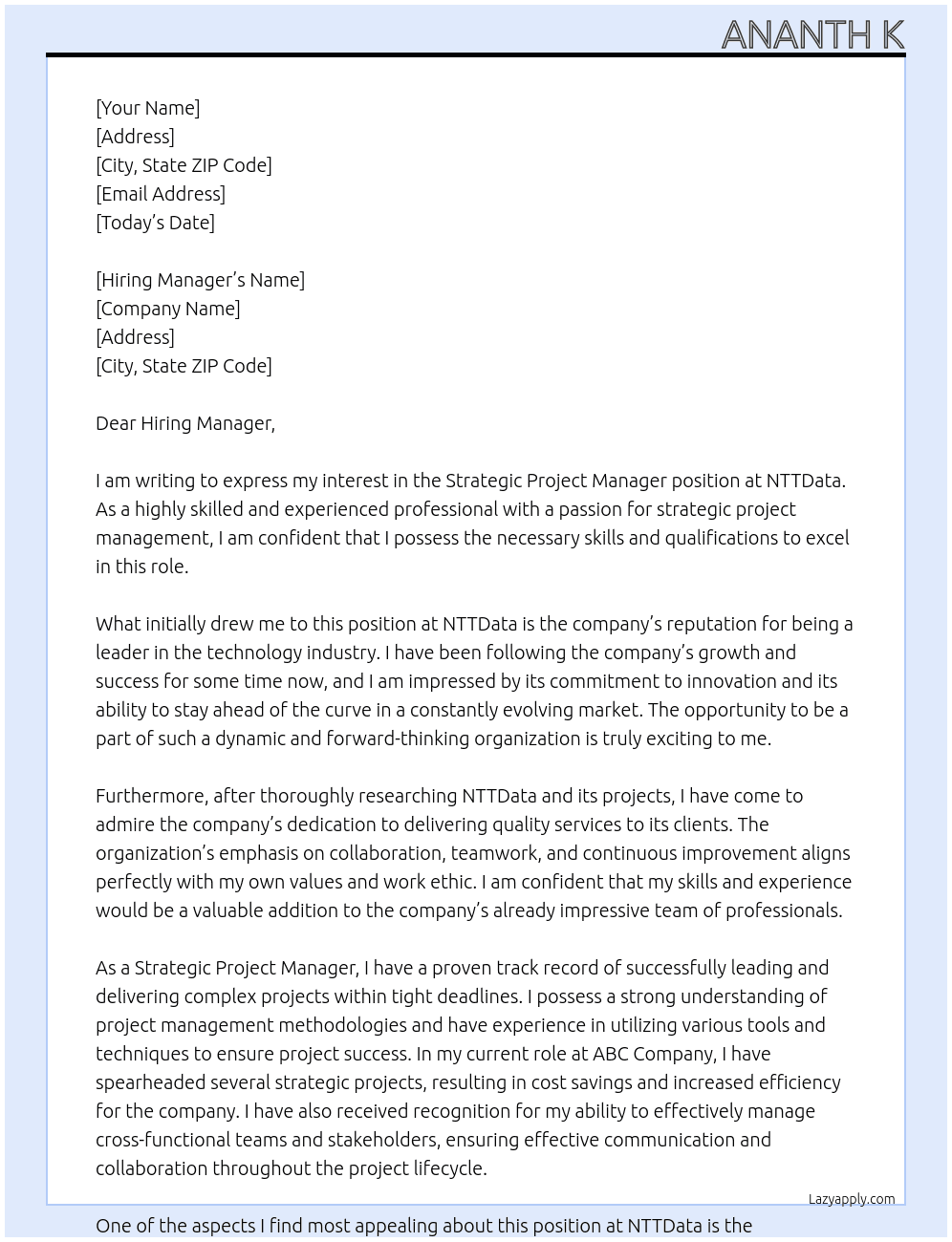 Strategic Project Manager At NTTData Cover Letter