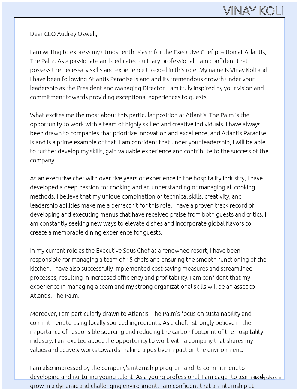 Executive chef At Atlantis, The Palm Cover Letter