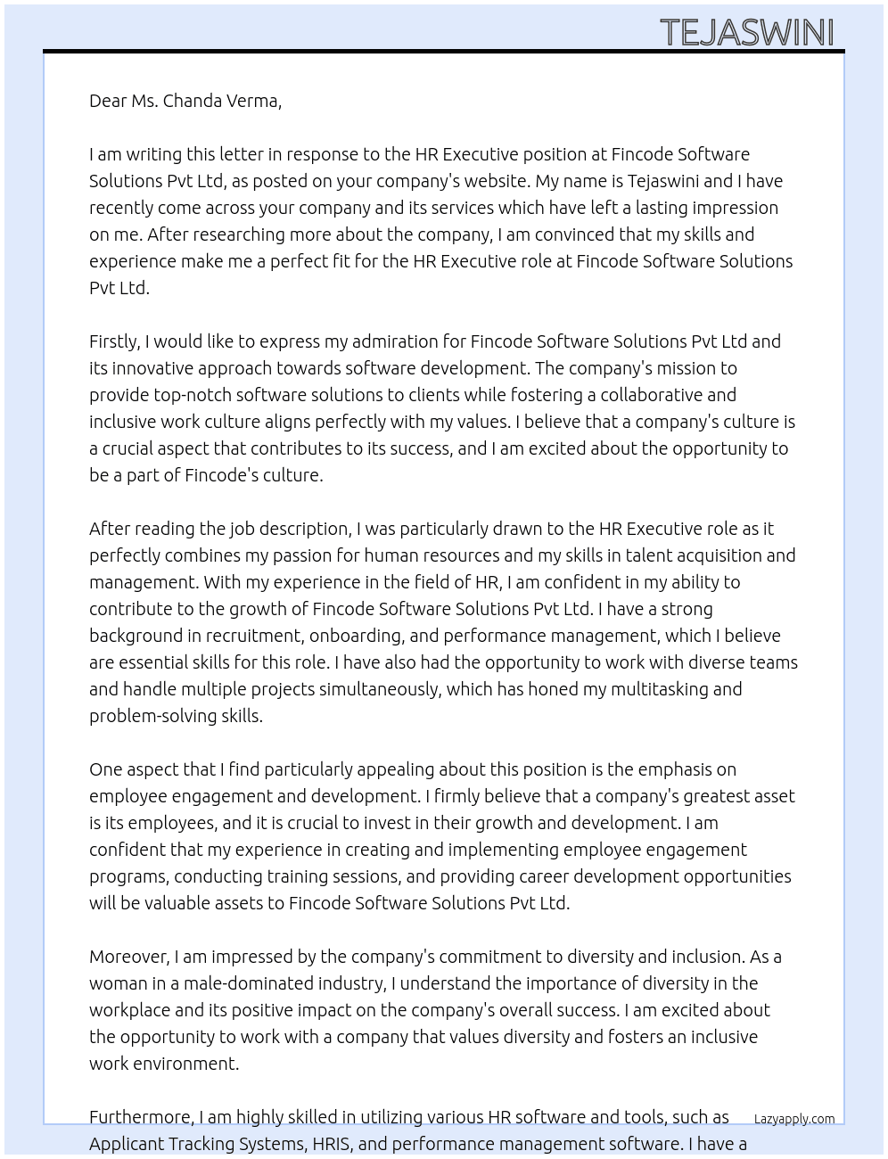HR executive  At Fincode software solutions pvt ltd Cover Letter