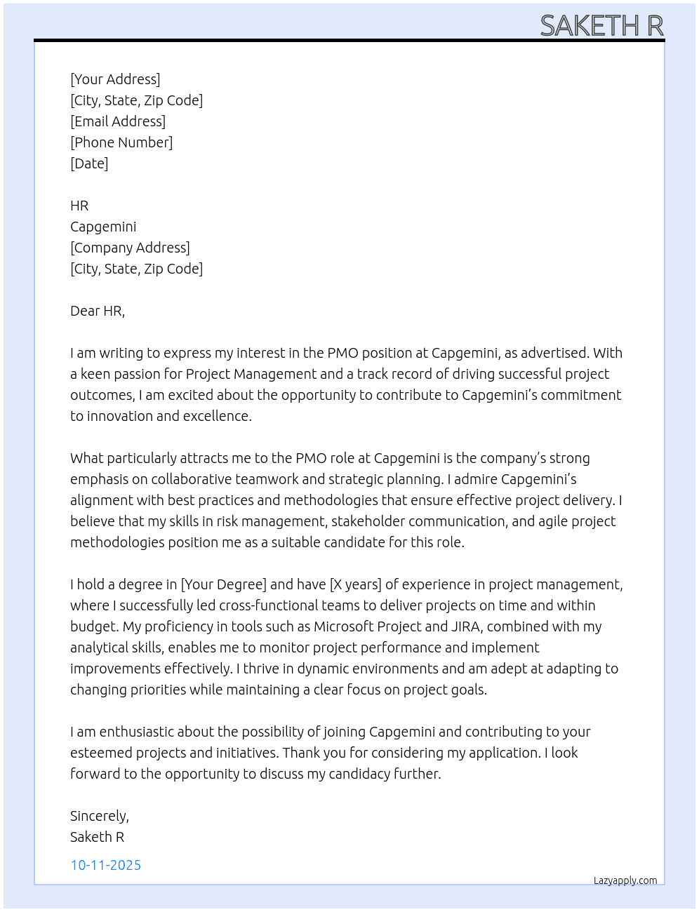 PMO At Capgemini Cover Letter