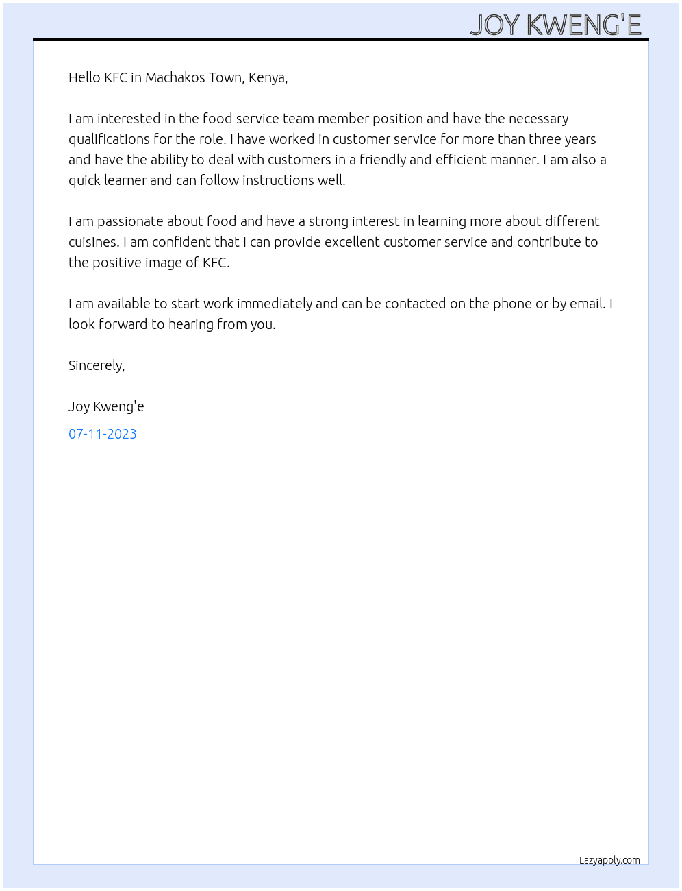 Food Service Team Member At  KFC in Machakos Town, Kenya Cover Letter
