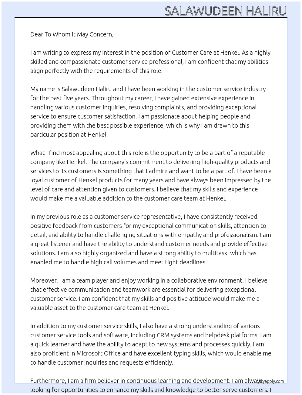 Customer care At Henkel Cover Letter