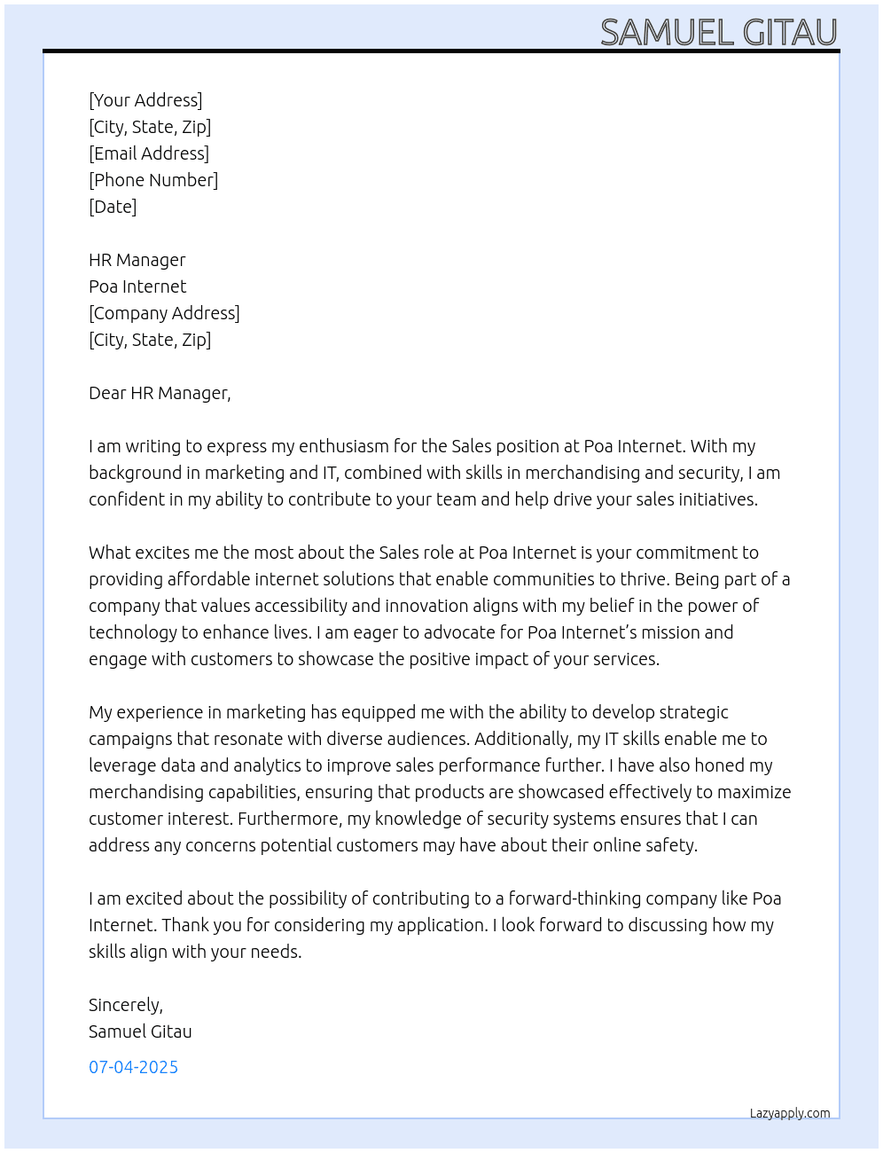 Sales At Poa Internet Cover Letter
