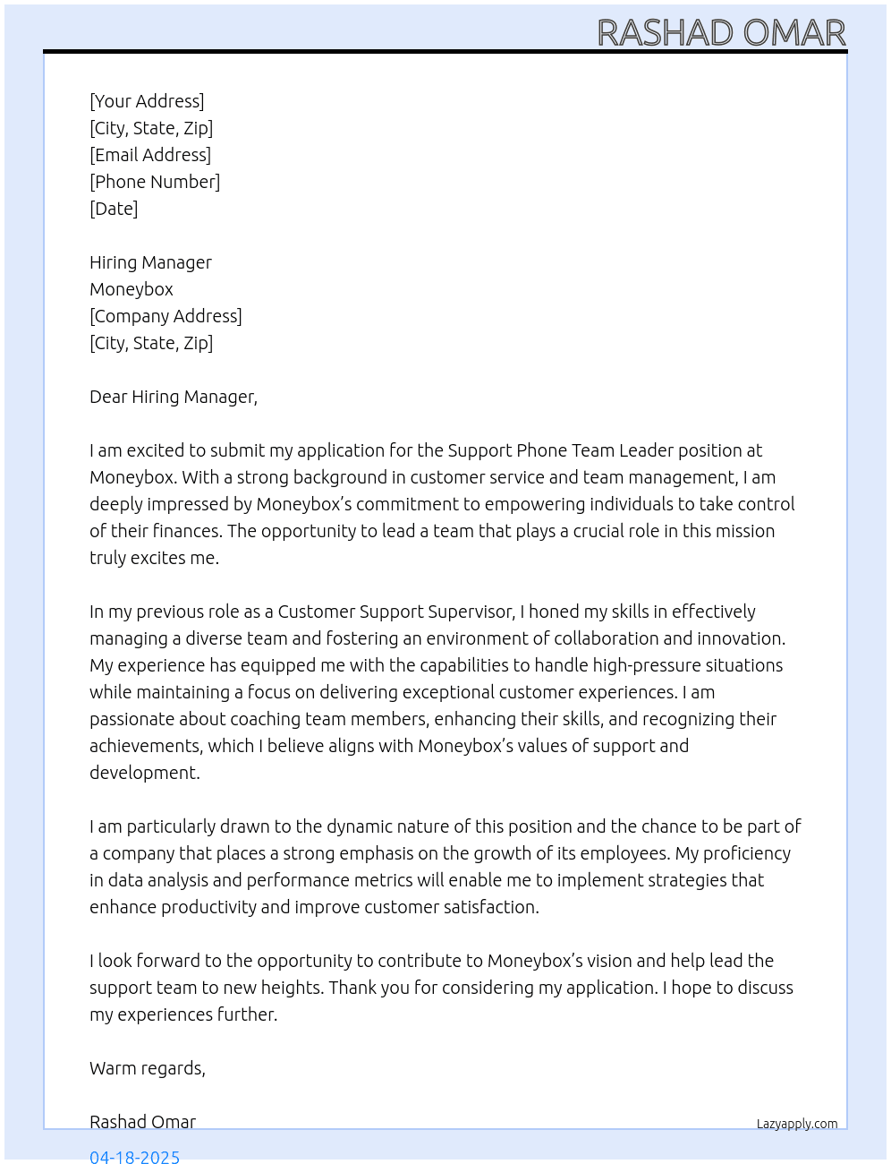 Cover letter for support phone team leader - LazyApply