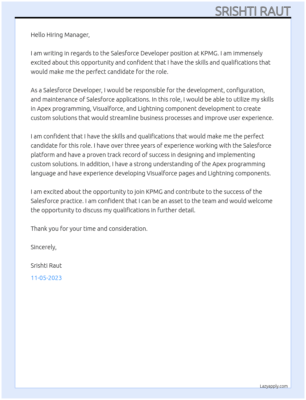 salesforce developer At kpmg Cover Letter