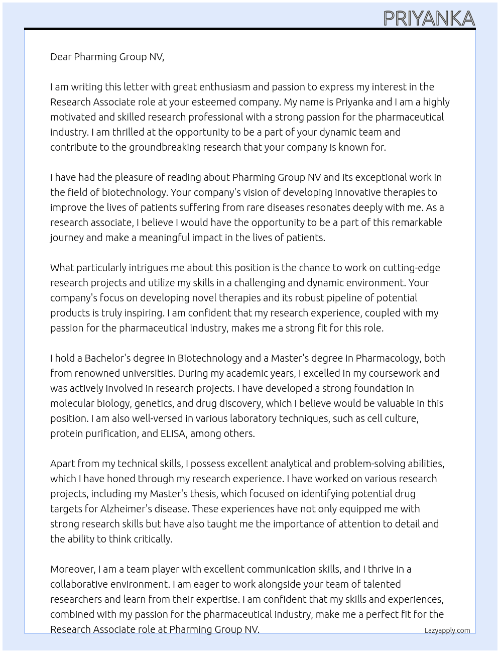 Research Associate At Pharming Group NV Cover Letter