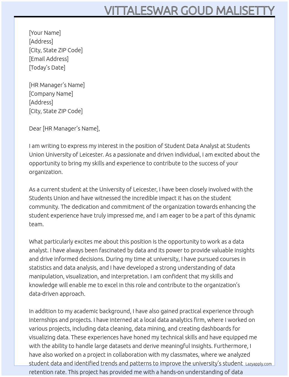 Student data analyst At Students union university of leicester Cover Letter