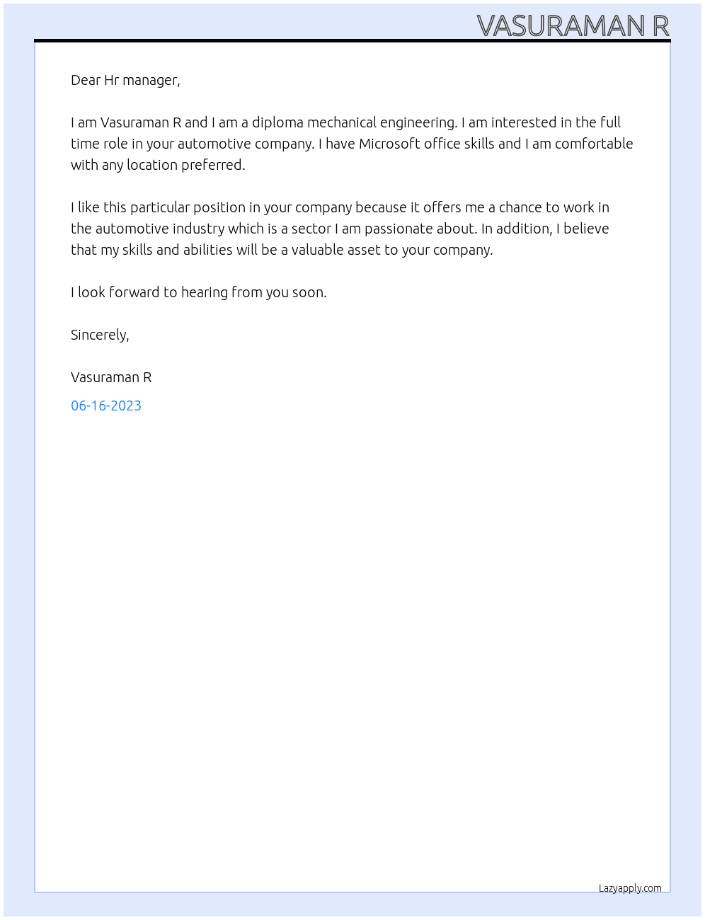 Diploma mechanical engineering  At Automotive company Cover Letter