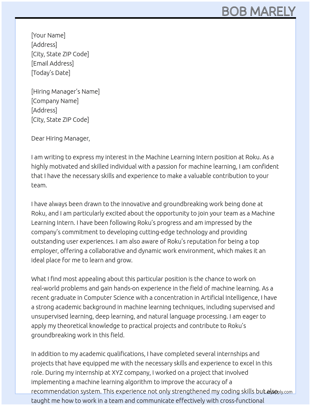 Machine Learning Intern At Roku Cover Letter