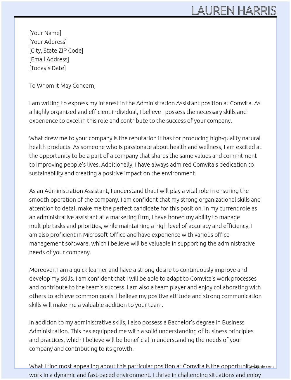 administration assistant At Comvita Cover Letter