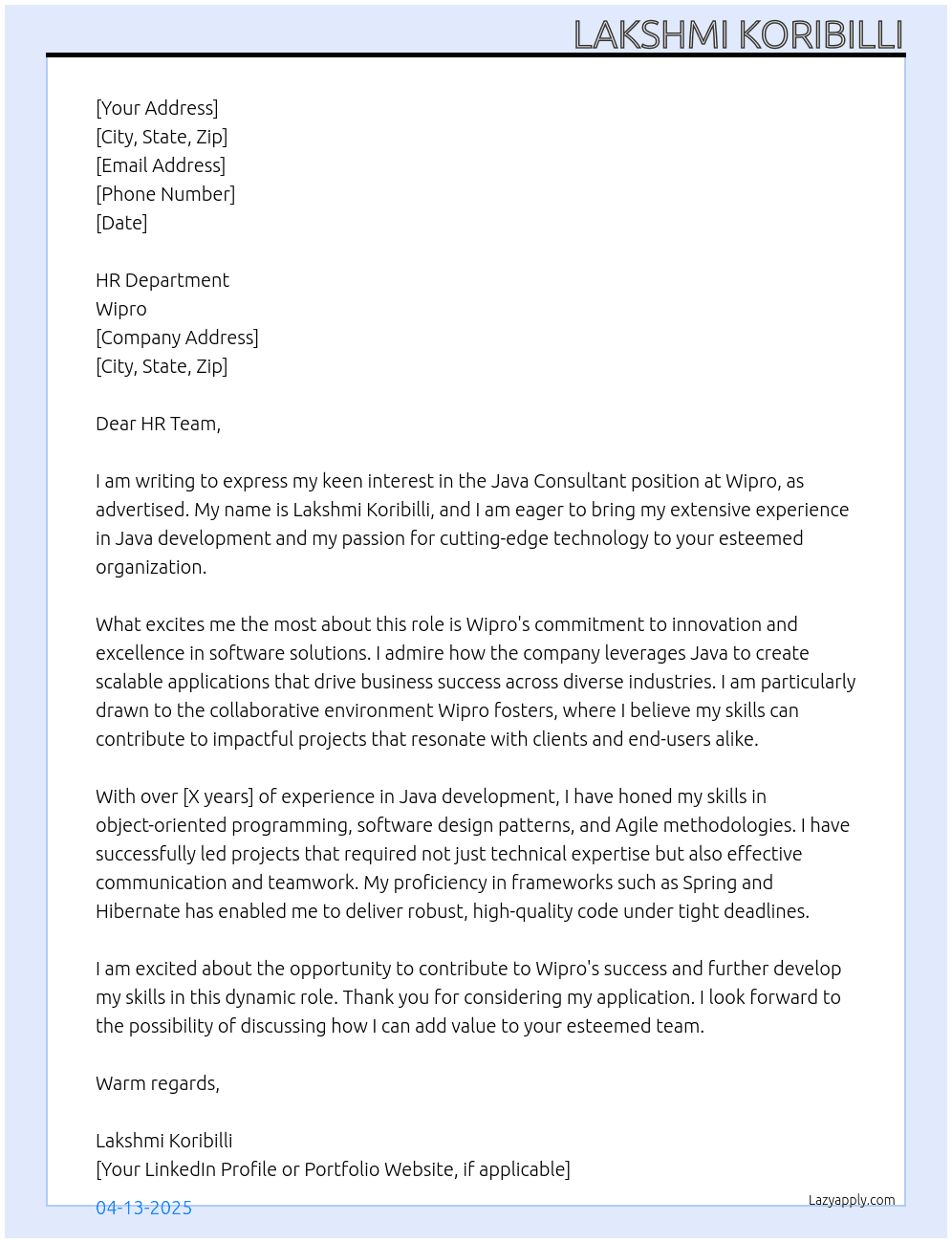Cover letter for java consultant - LazyApply