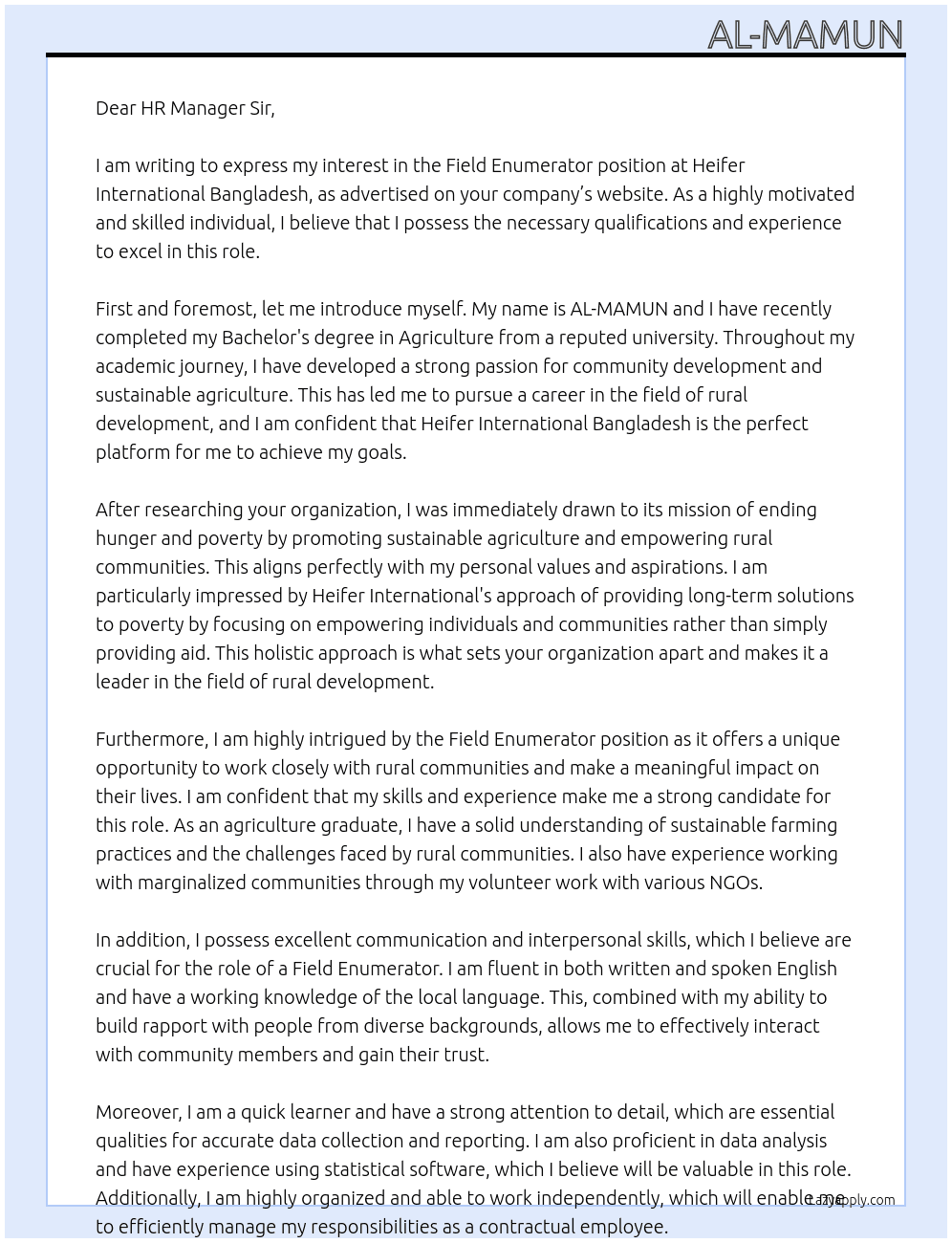 Field Enumerator  At Heifer International Bangladesh  Cover Letter