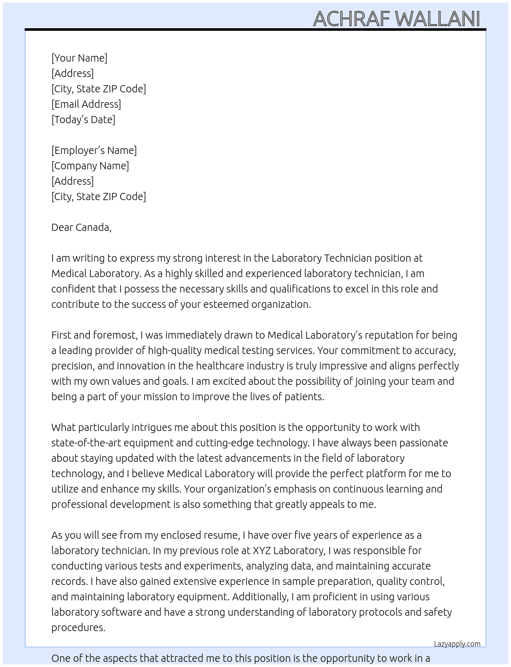Laboratory technician  At Medical laboratory  Cover Letter