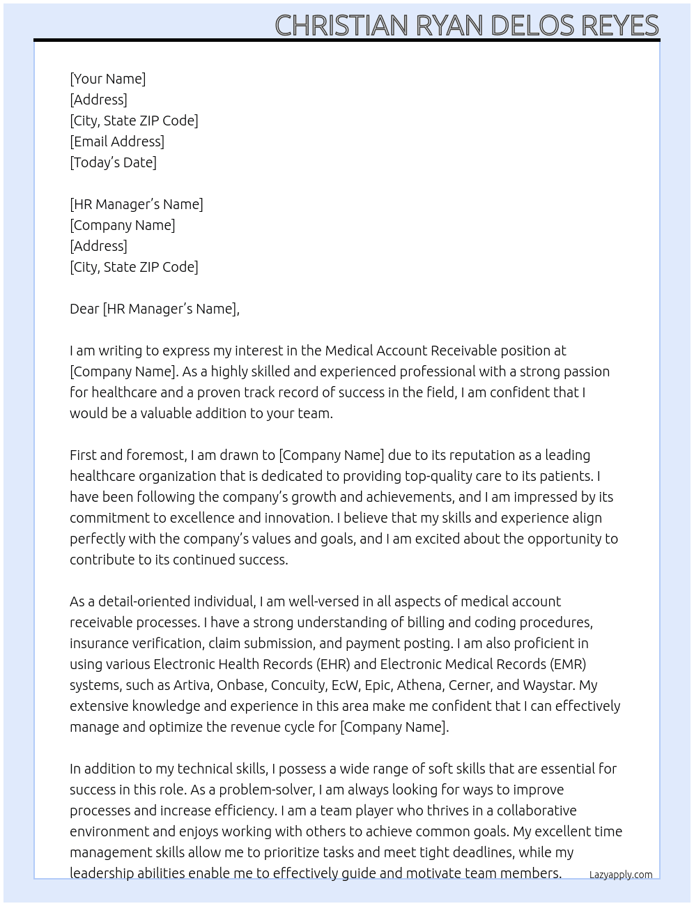 Medical Account Receivable At Comapny Cover Letter