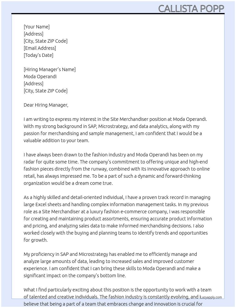 Site Merchandiser At Moda Operandi Cover Letter
