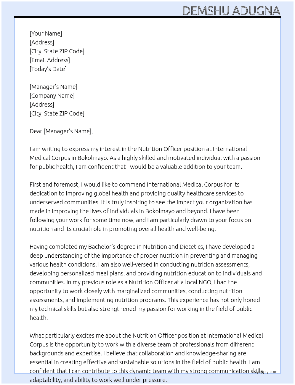  Nutrition Officer - Bokolmayo At International medical corpus  Cover Letter