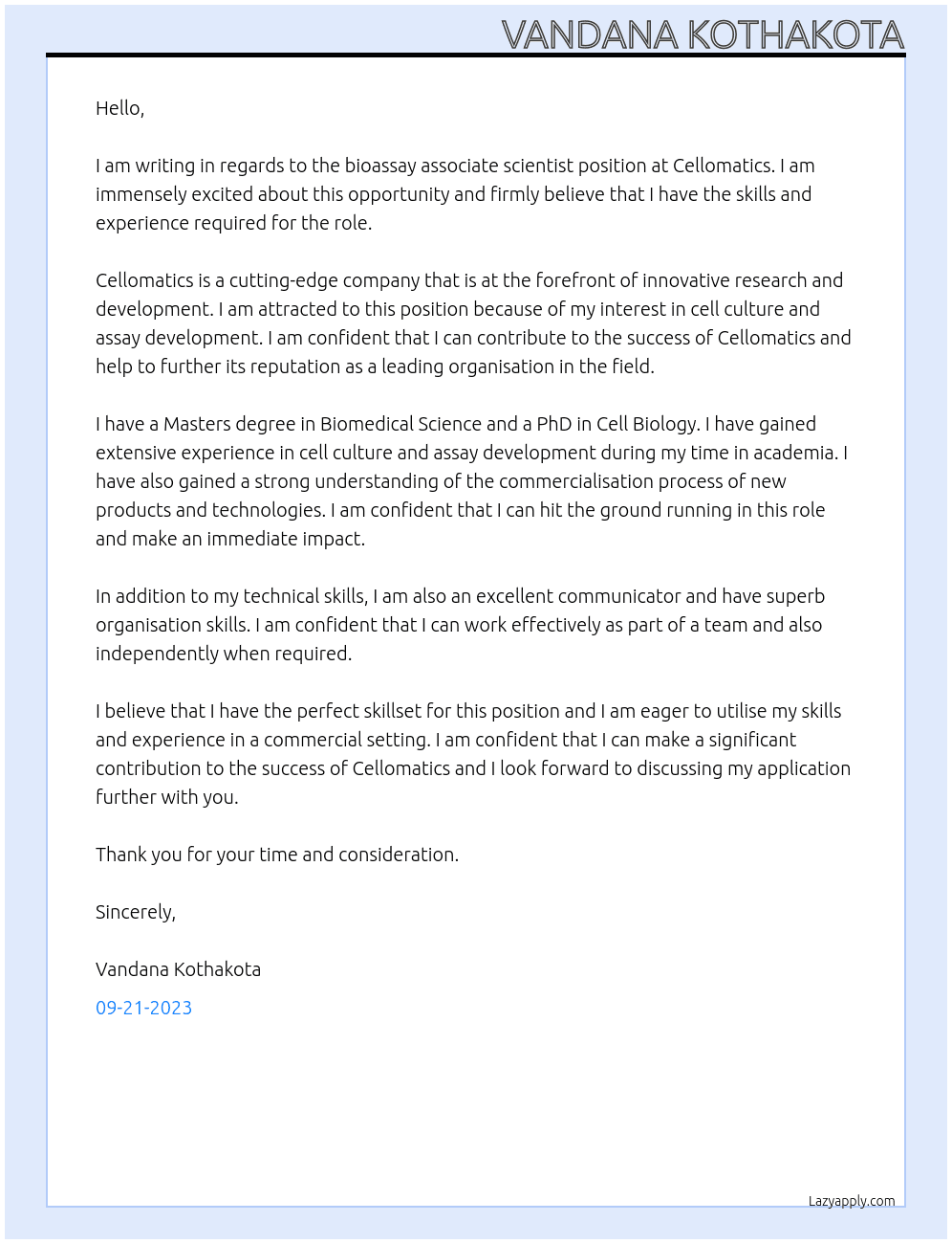 bioassay associate scientist At cellomatics Cover Letter