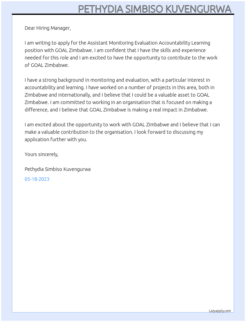 Assistant Monitoring Evaluation Accountability Learning  At GOAL Zimbabwe  Cover Letter