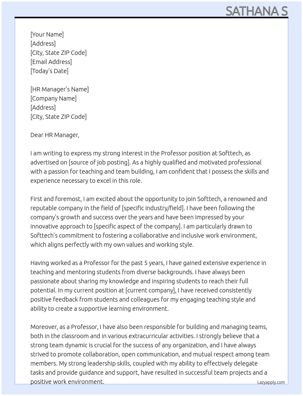 Professor At Softtech Cover Letter