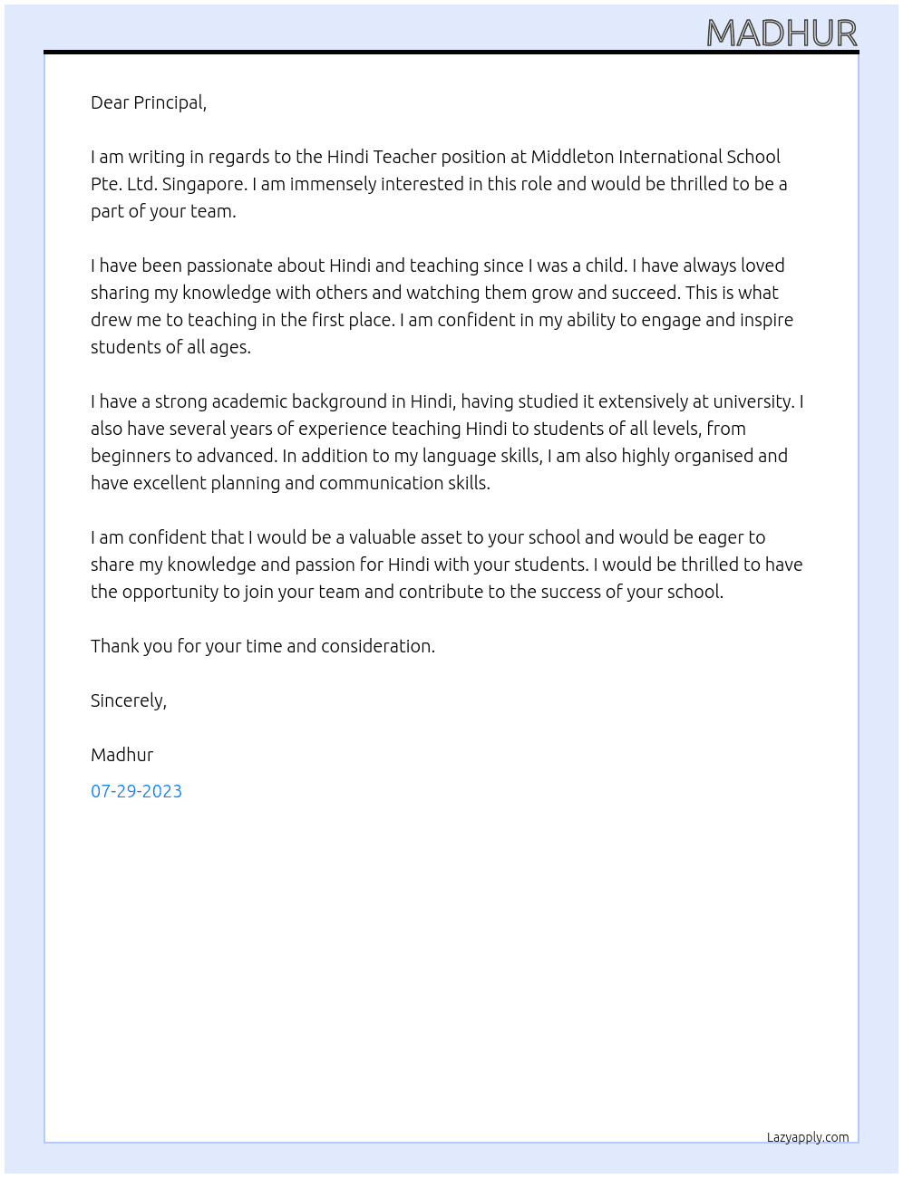 Hindi Teacher At Middleton International School Pte. Ltd. Singapore Cover Letter