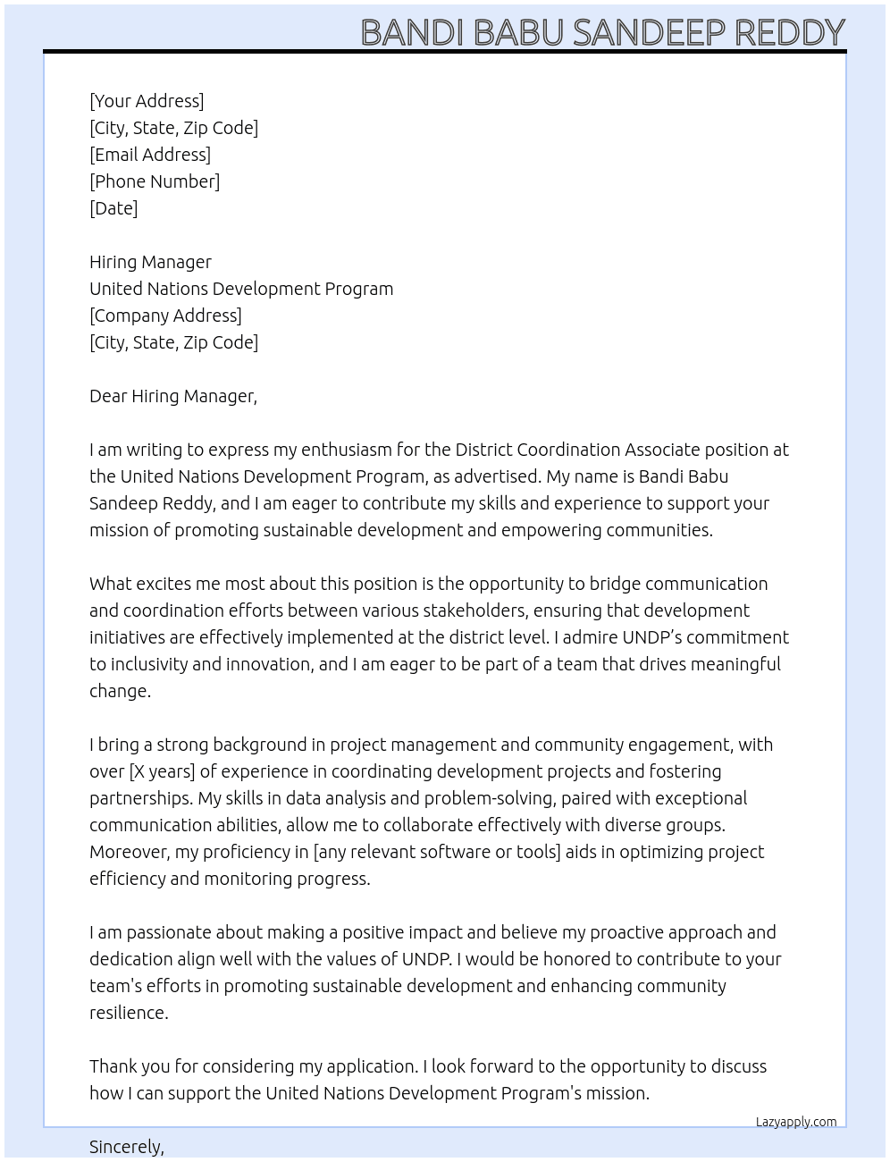 District coordination Associate At United nations Development Program Cover Letter