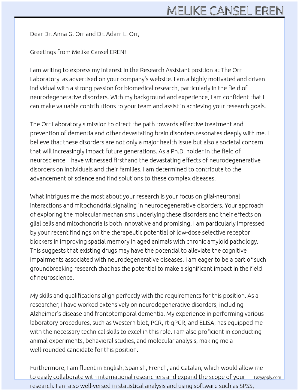 Research Assistant At The Orr Laboratory Cover Letter
