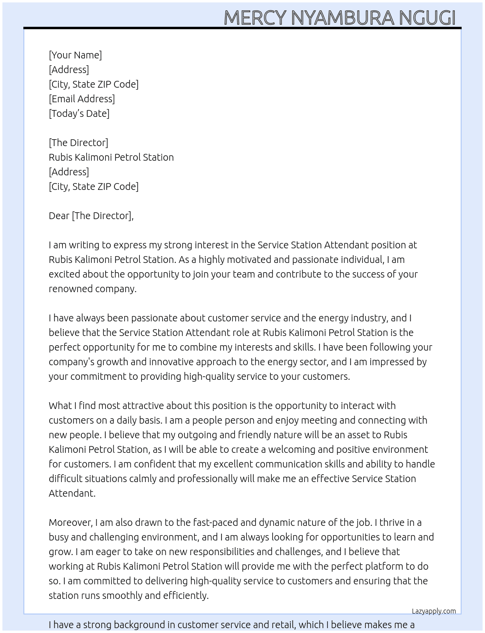 Service Station Attendants At Rubis Kalimoni petrol station  Cover Letter