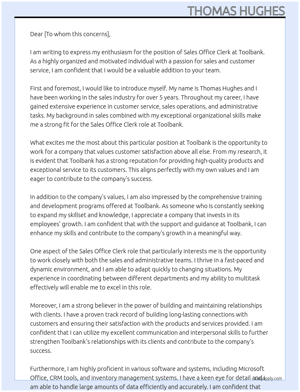 Sales Office Clerk At Toolbank Cover Letter