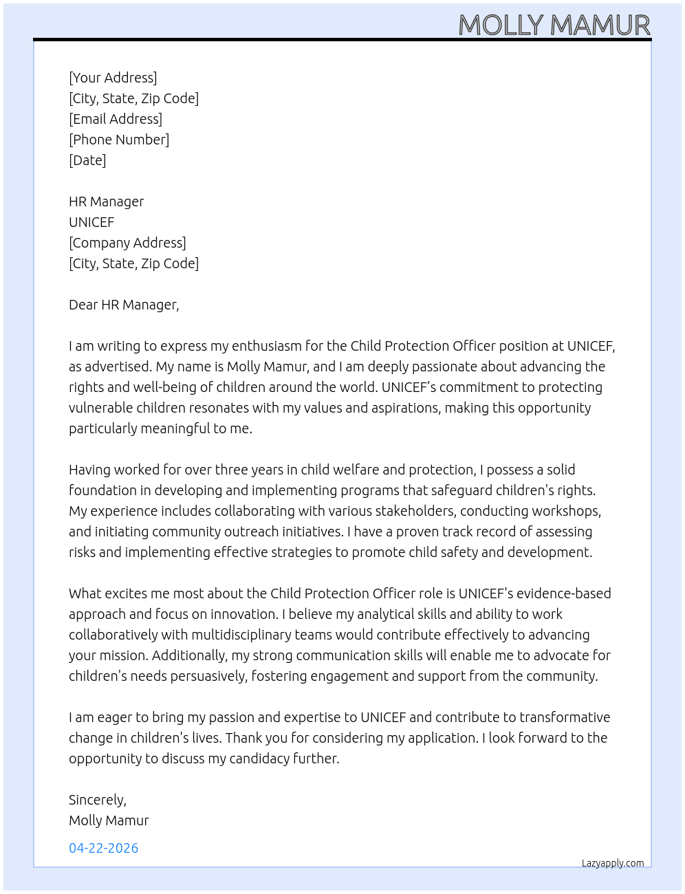 Child protection officer At UNICEF Cover Letter