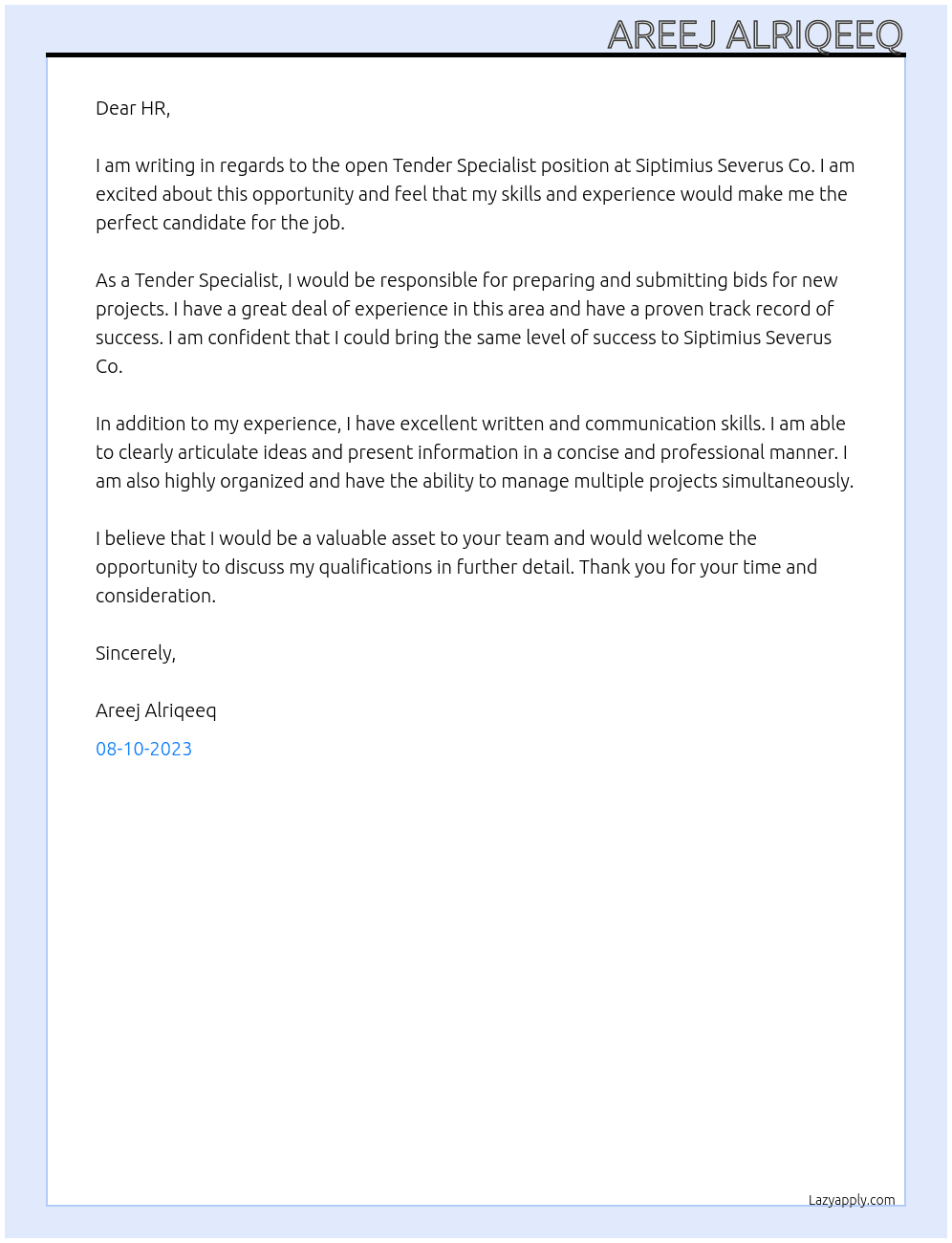 Tender Specialist At Siptimius Severus Co. Cover Letter