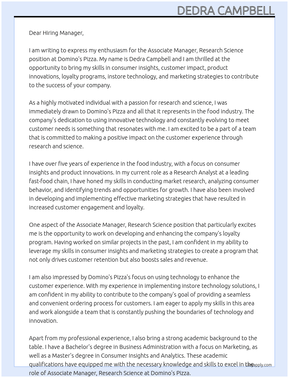 Associate Manager, Research Science At Domino's Pizza Cover Letter