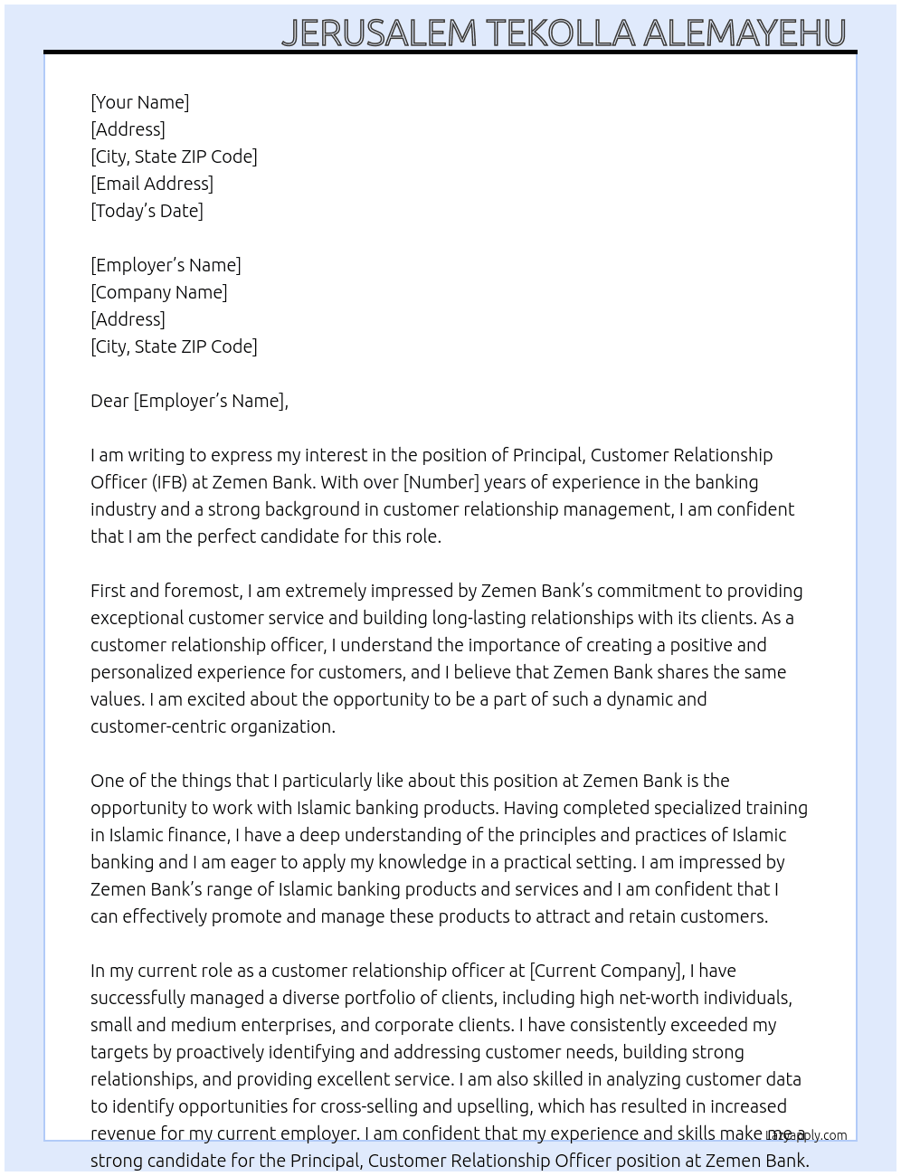Principal, Customer Relationship Officer (IFB) At Zemen Bank  Cover Letter