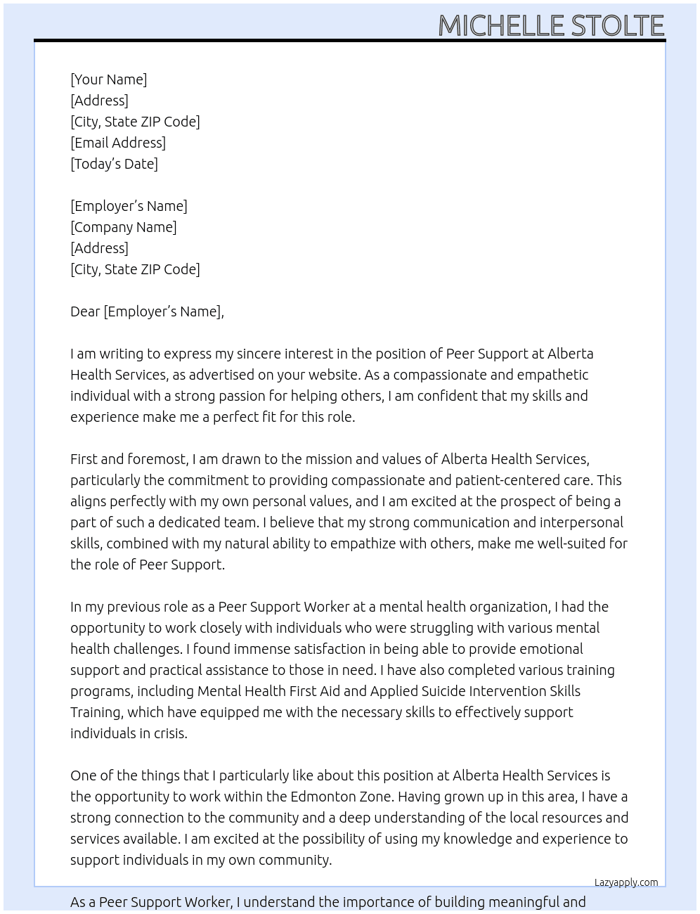 Peer Support At Alberta Health Services Cover Letter