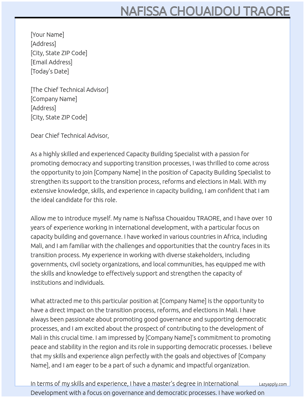 Capacity Building Specialist to strengthen its support to the transition process, reforms and elections in Mali At UNPD Cover Letter