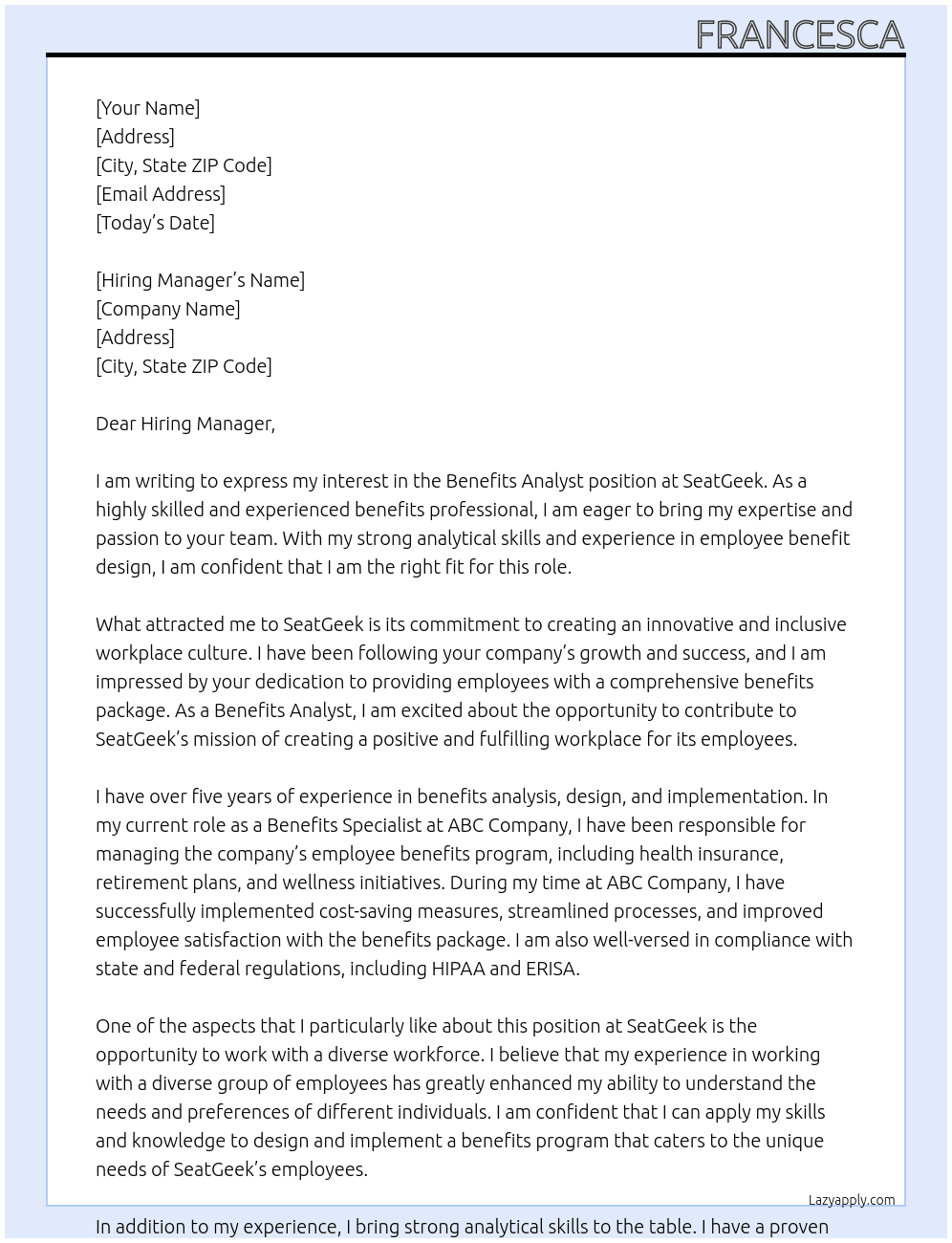 Benefits Analyst At SeatGeek Cover Letter