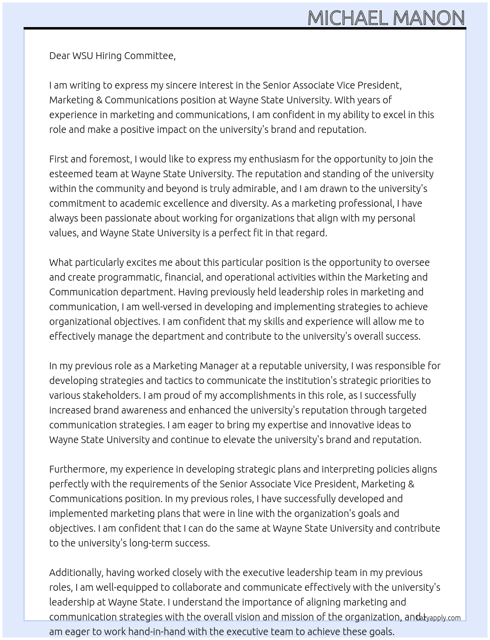 Senior Associate Vice President, Marketing & Communications At Wayne State University Cover Letter