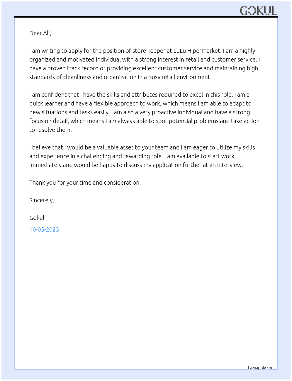 store keeper At LuLu Hipermarket Cover Letter