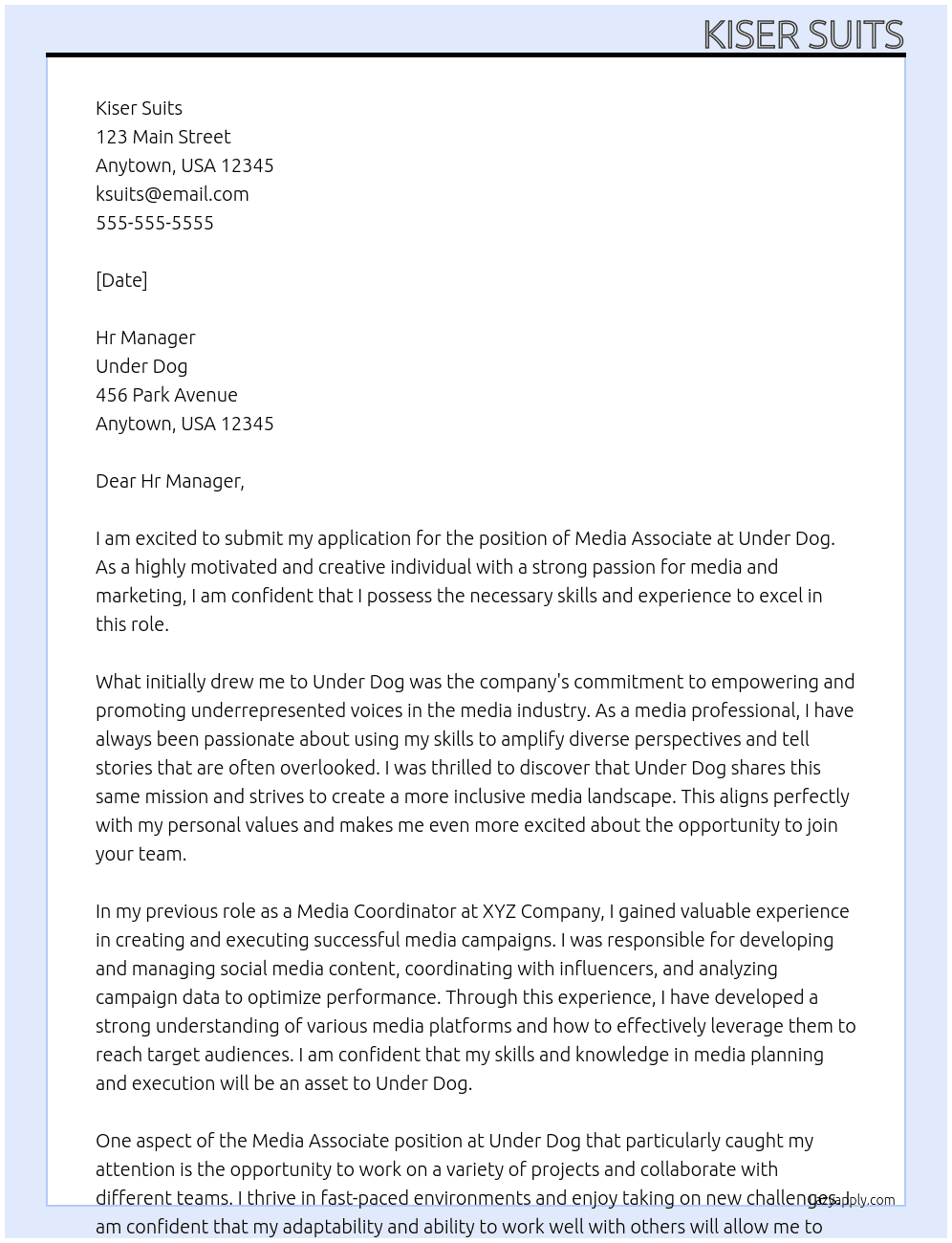 Media Associate  At Under Dog Cover Letter
