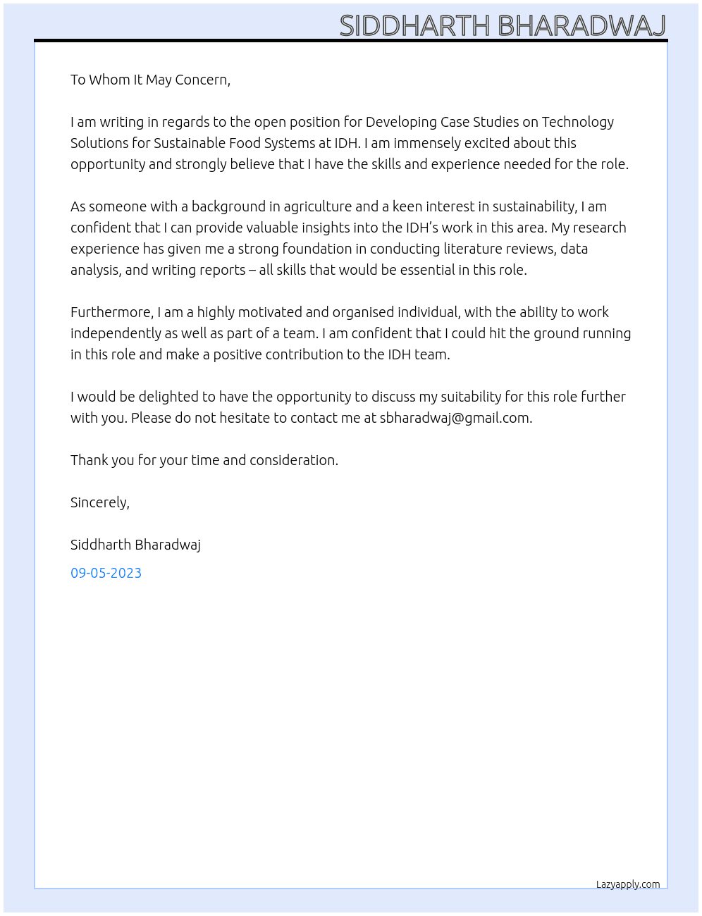 Developing Case Studies on Technology Solutions for Sustainable Food Systems At IDH Cover Letter