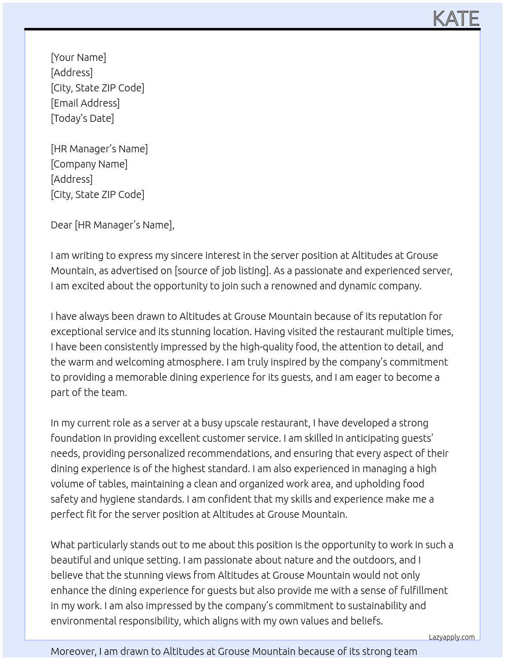 server At Altitudes at Grouse Mountain Cover Letter