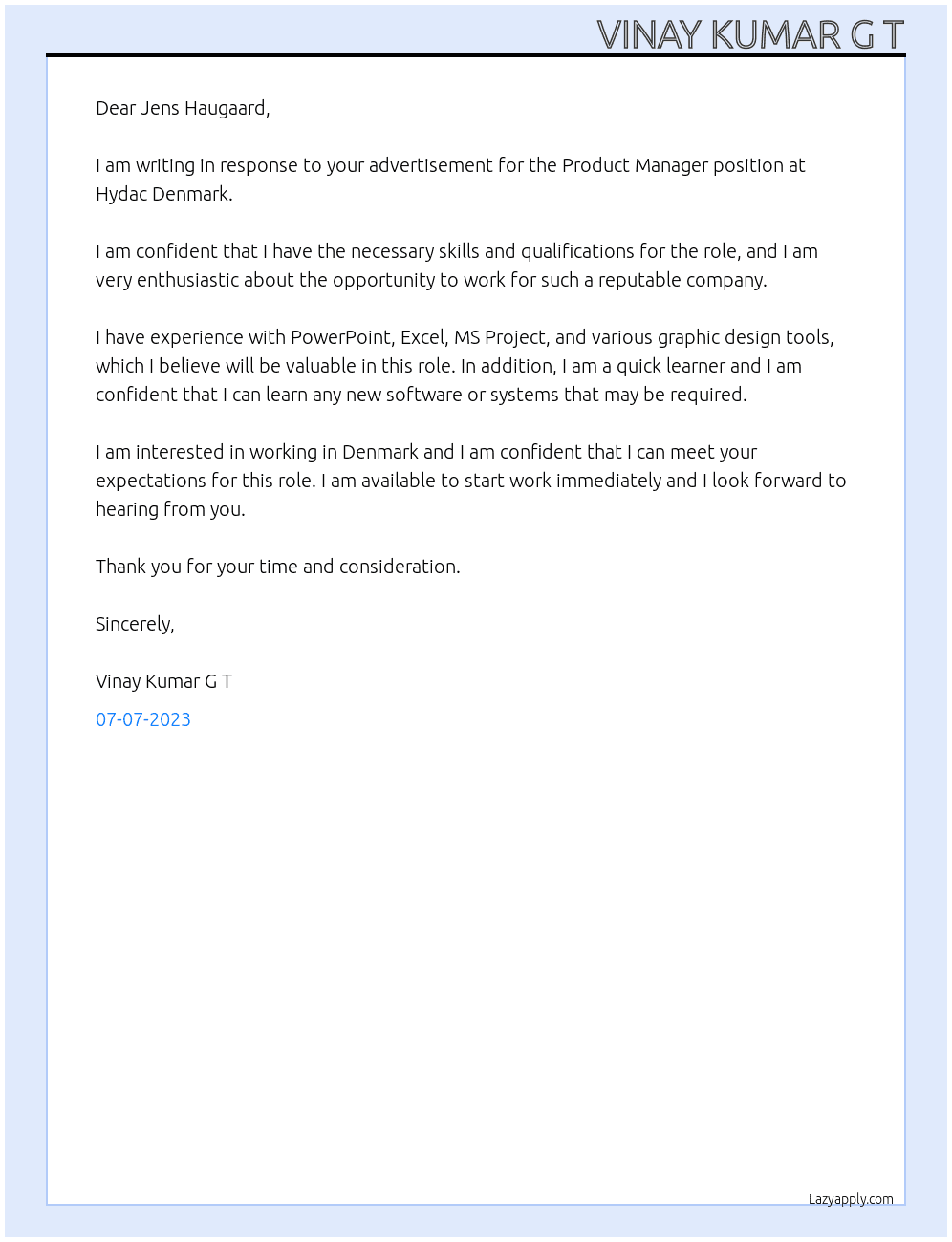 Product Manager At Hydac Denmark Cover Letter