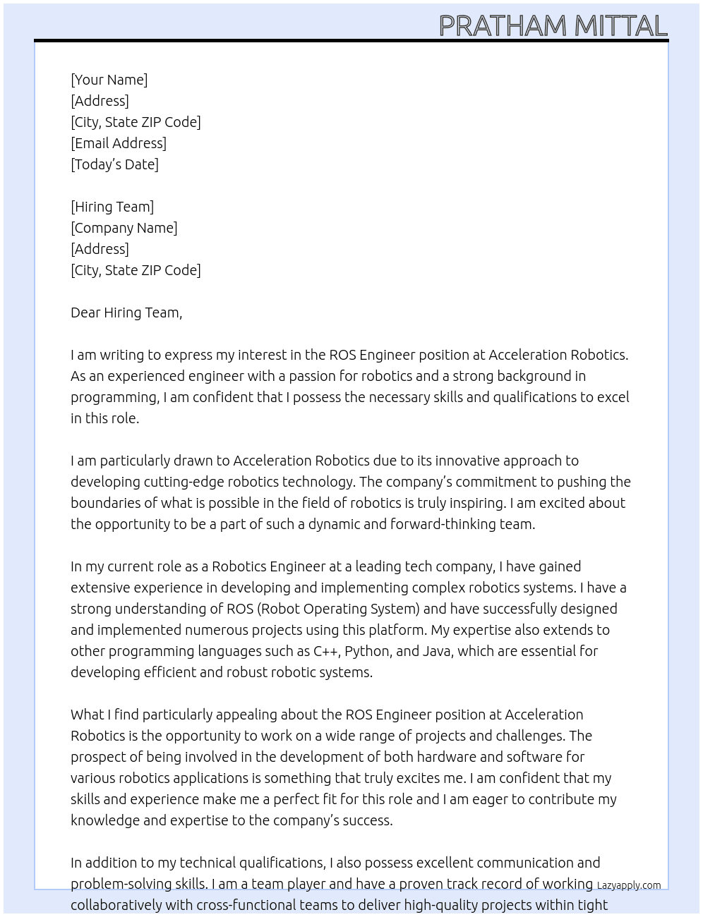ROS Engineer At Acceleration Robotics Cover Letter