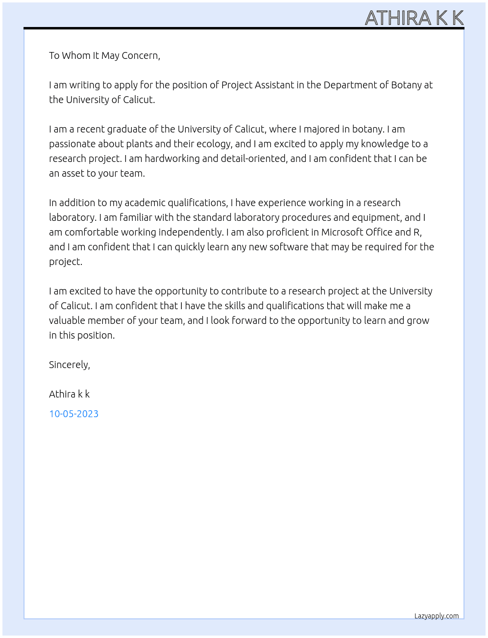 Project Assistant At University of Calicut Cover Letter
