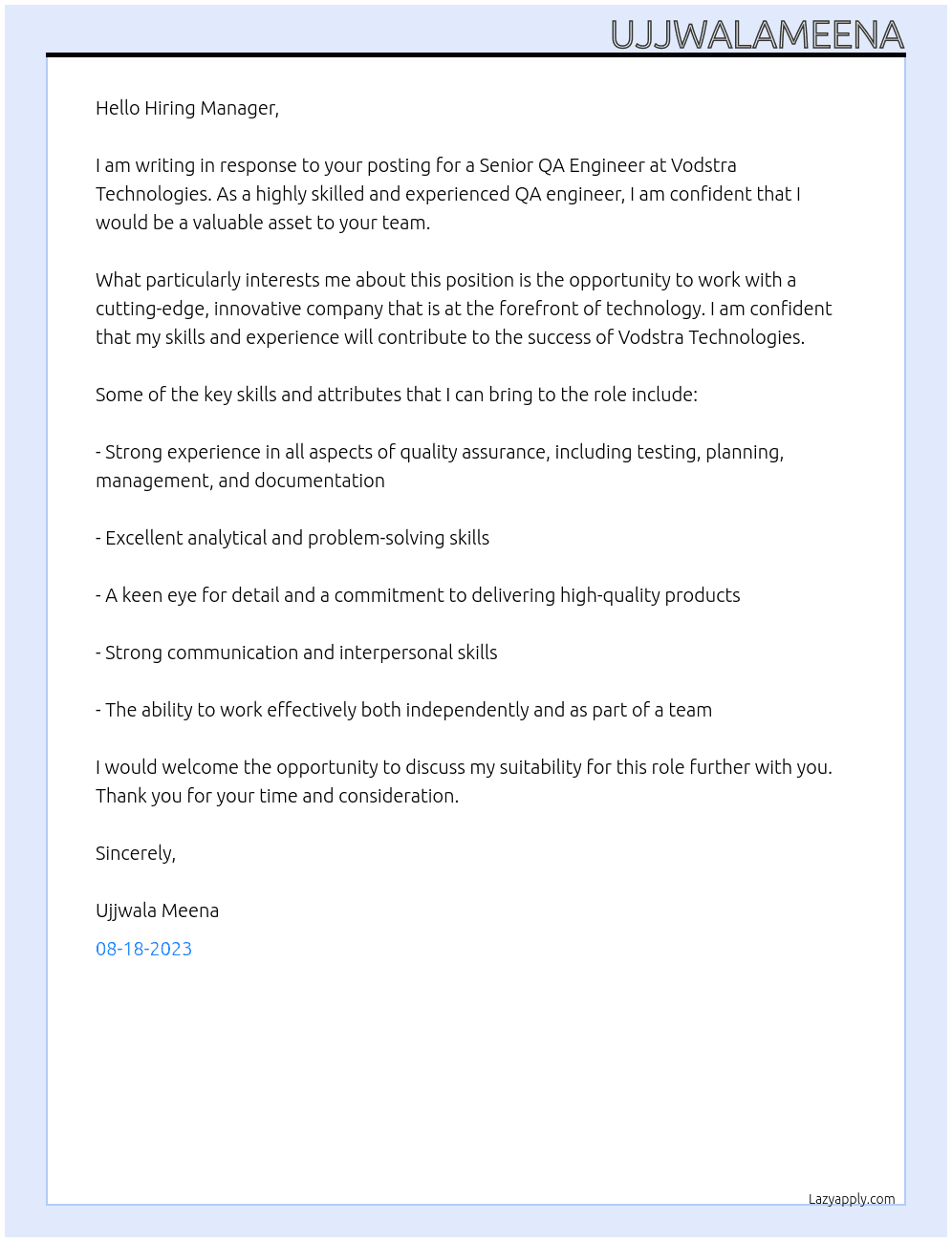 Senior QA engineer At Vodstra Technologies Cover Letter