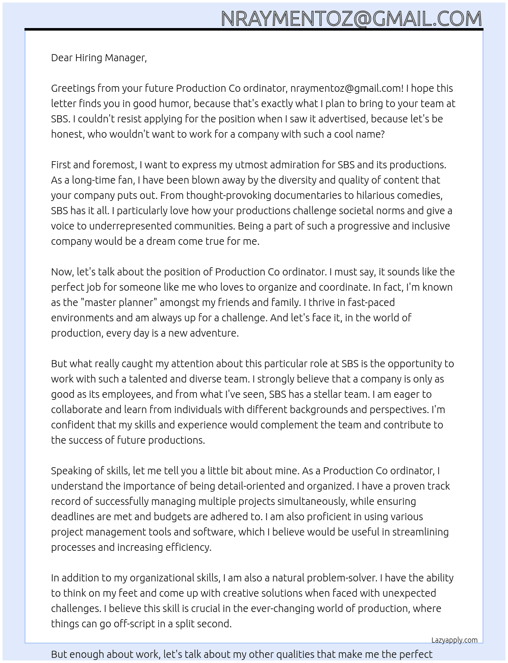 Production Co ordinator At SBS Cover Letter