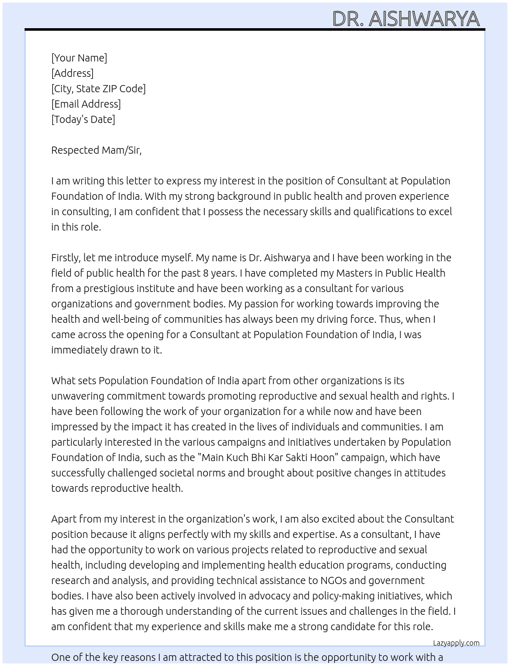 Consultant  At Population Foundation of India Cover Letter