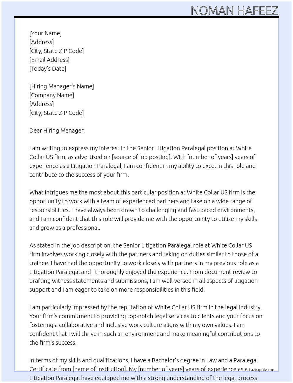 Senior Litigation Paralegal At White Collar US firm Cover Letter