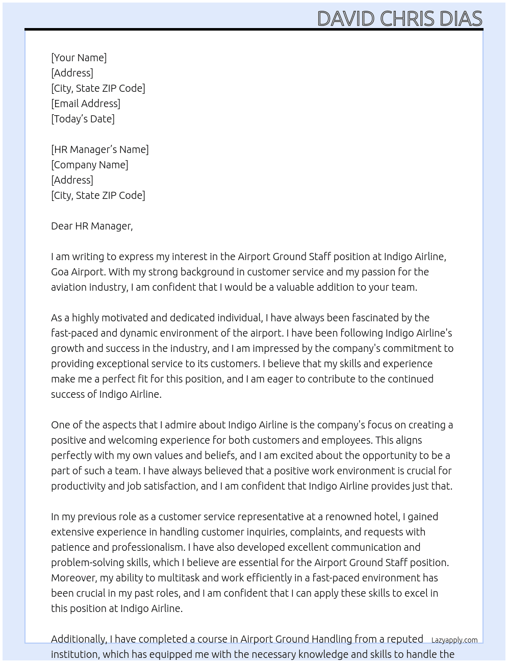 Airport Ground Staff At  Indigo Airline, Goa Airport Cover Letter