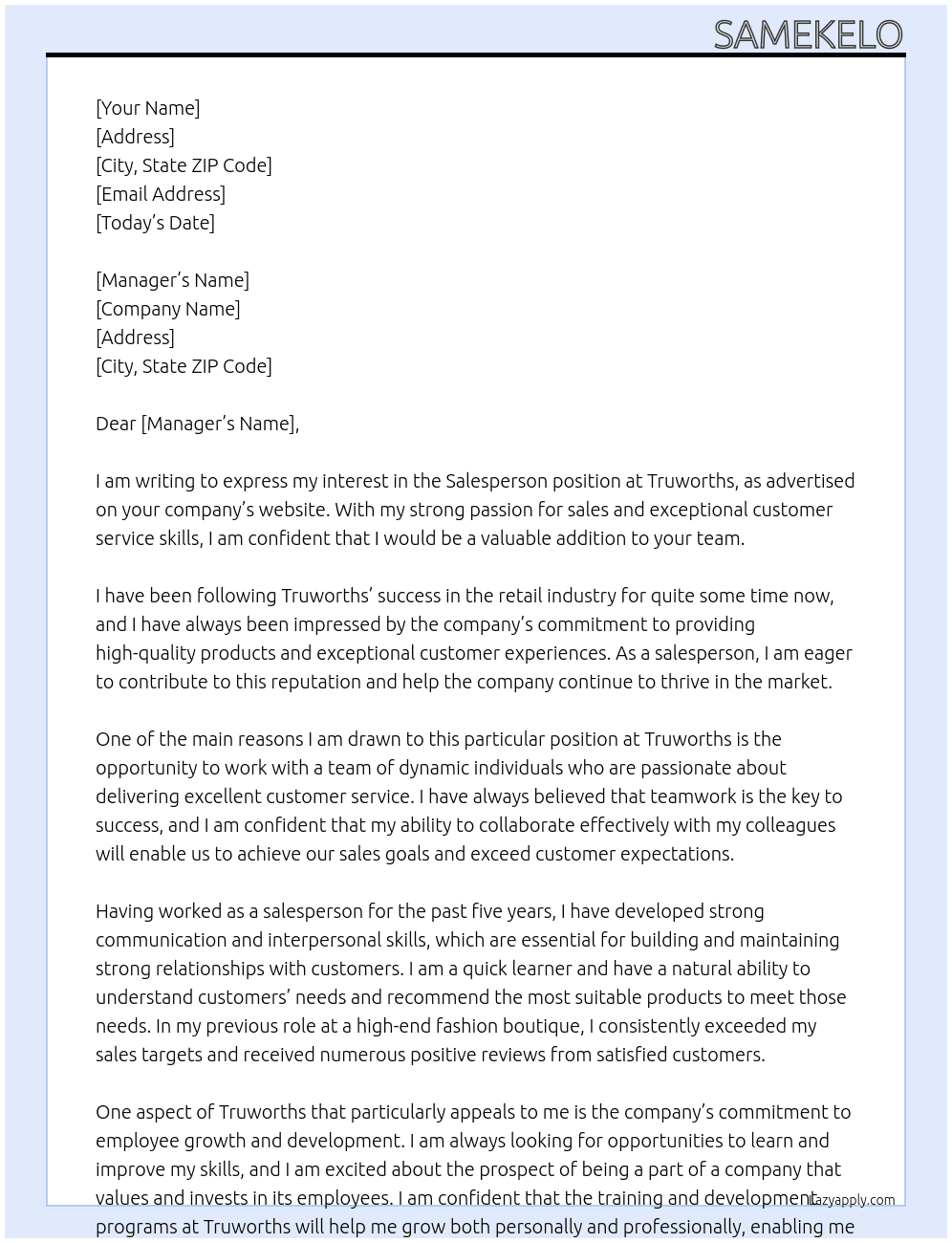 salesperson At truworths Cover Letter