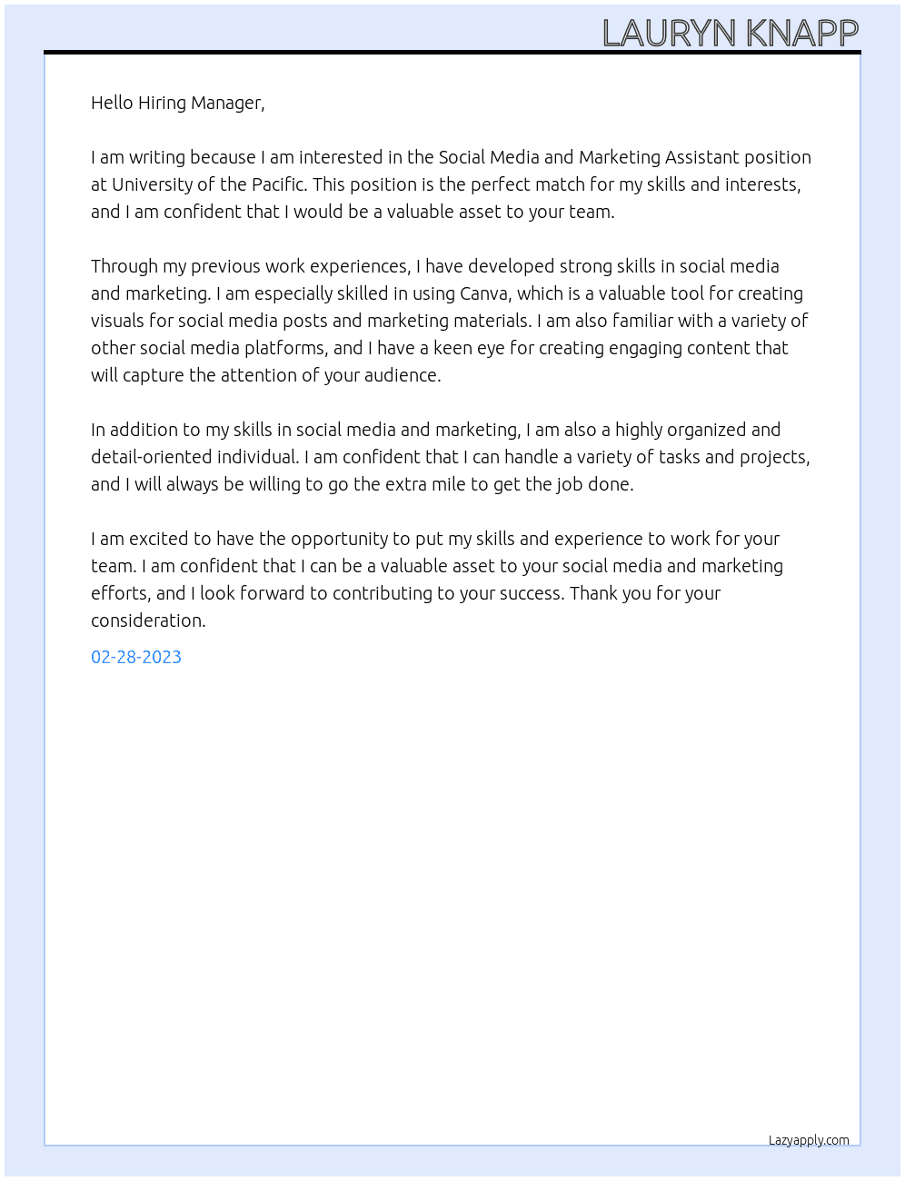 Social Media and Marketing Assisitant  At University of the Pacific Cover Letter